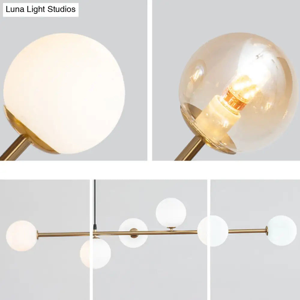 Modern Gold Metal Island Pendant Lighting With 6 Lights And Spherical Glass For Dining Table