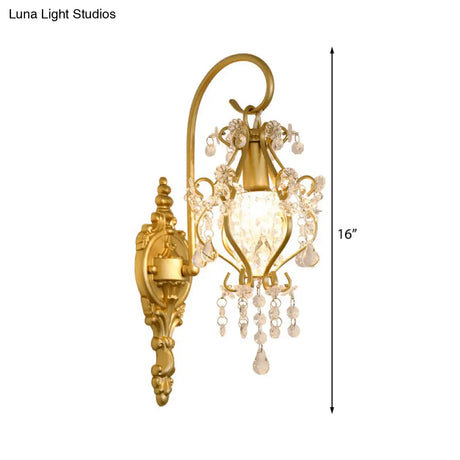 Modern Gold Metal Wall Sconce Light With Crystal Drop - 1 Corridor