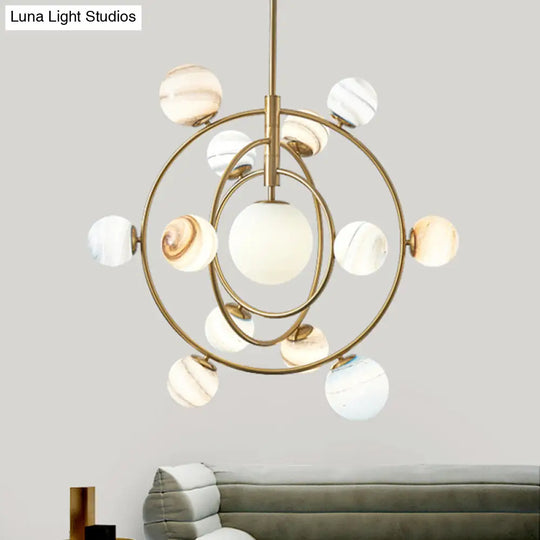 Modern Gold Orbit Chandelier Light Fixture - 13 Lights Metal Hanging Lamp With Glass Shade Kit