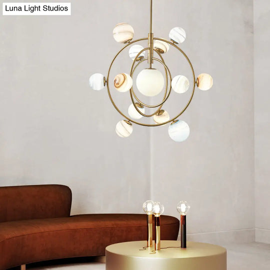 Modern Gold Orbit Chandelier Light Fixture - 13 Lights Metal Hanging Lamp With Glass Shade Kit
