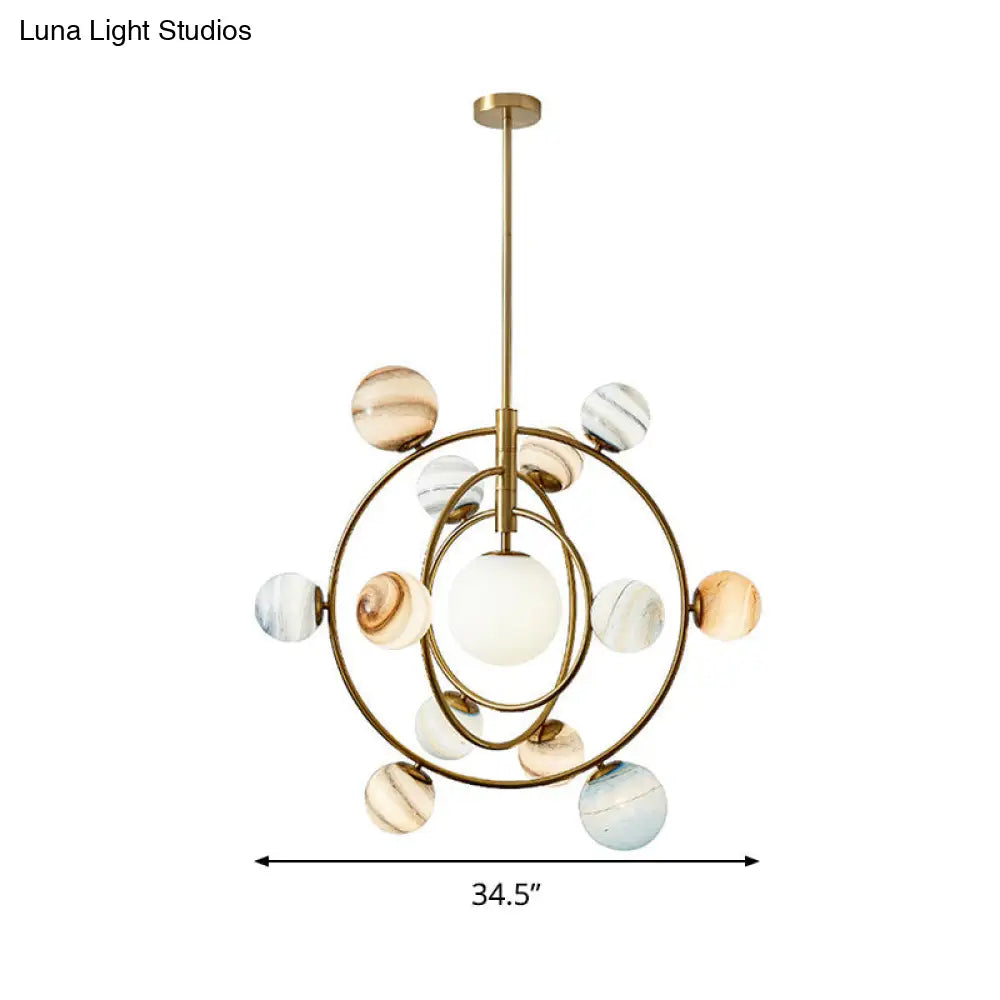 Modern Gold Orbit Chandelier - 13-Light Metal Hanging Lamp With Ball Glass Shade