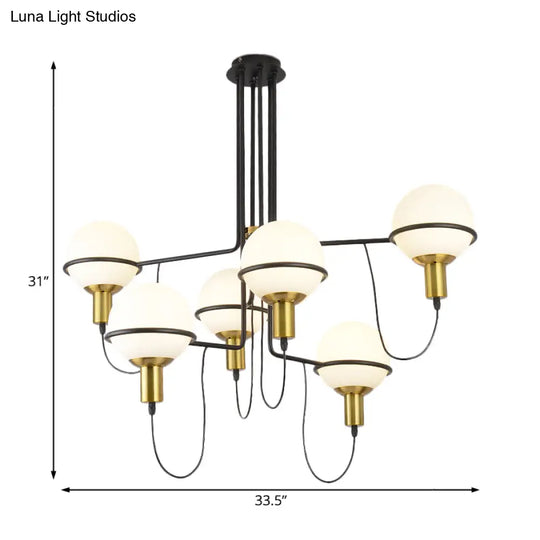 Modern Gold Radial Chandelier With White Glass Sphere Shade - Multi-Light Metal Hanging Lamp Fixture