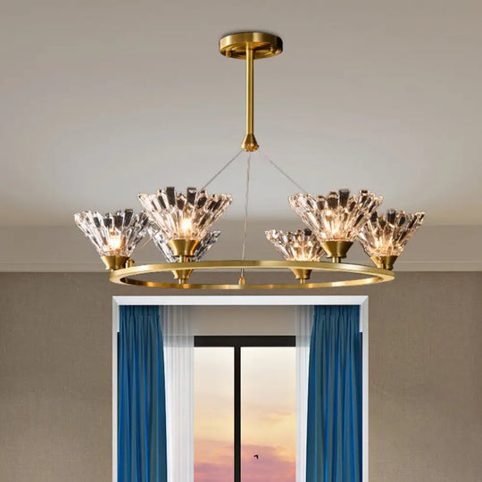 Modern Gold Rounded Pendant Chandelier With Crystal Facets - Suspended Dining Room Lighting Fixture