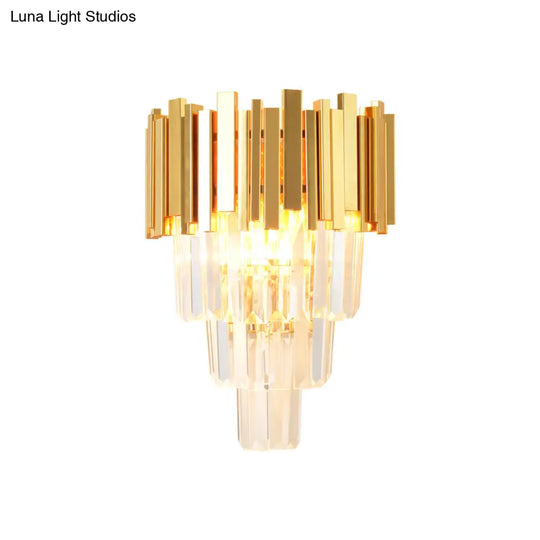 Modern Gold Sconce Light - 4 Layer Wall Fixture With Tri-Sided Crystal Rods And 2 Heads