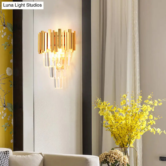 Modern Gold Sconce Light - 4 Layer Wall Fixture With Tri-Sided Crystal Rods And 2 Heads