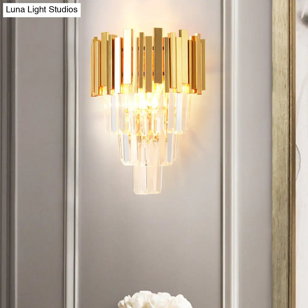 Modern Gold Sconce Light - 4 Layer Wall Fixture With Tri-Sided Crystal Rods And 2 Heads