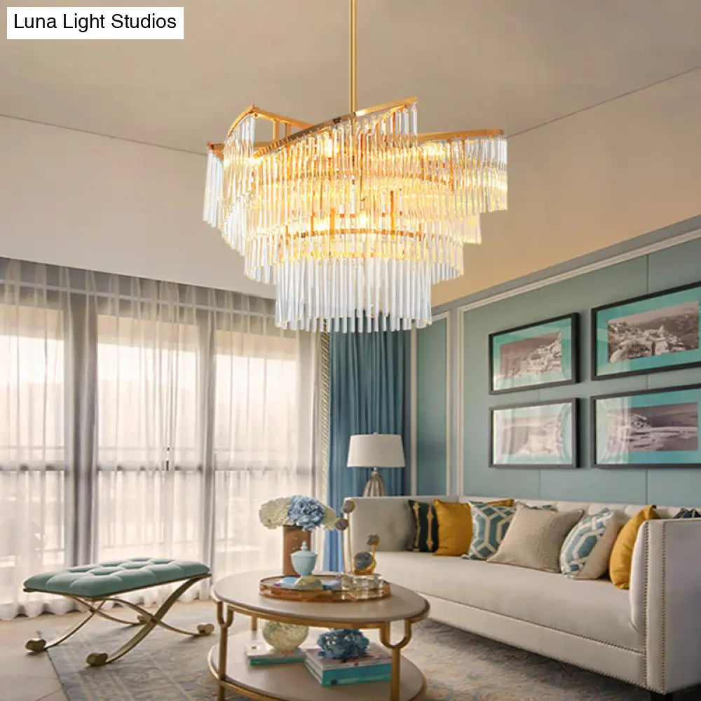 Modern Gold Spiral Pendant Chandelier With Crystal Rods - 9 Heads Hanging Light For Living Room