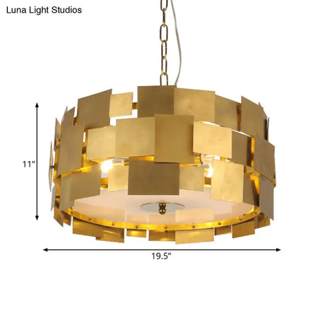Modern Gold Square Panel Hanging Light Kit - 6 Bulb Metallic Drum Ceiling Chandelier