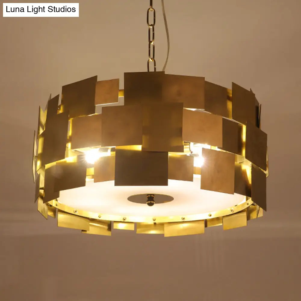 Modern Gold Square Panel Hanging Light Kit - 6 Bulb Metallic Drum Ceiling Chandelier
