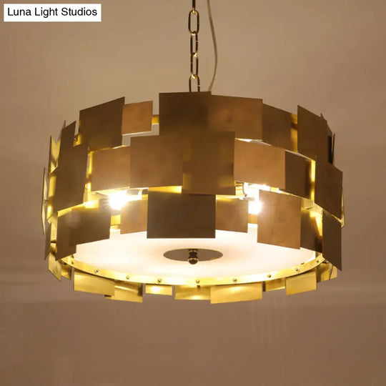 Modern Gold Square Panel Hanging Light Kit - 6 Bulb Metallic Drum Ceiling Chandelier