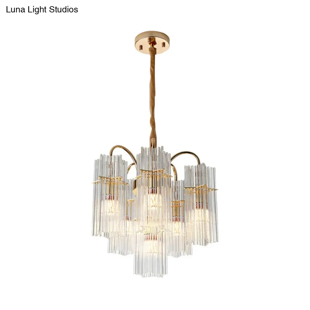 Modern Gold Tiered Cylinder Crystal Chandelier With 6 Heads For Dining Room Ceiling Pendant Light