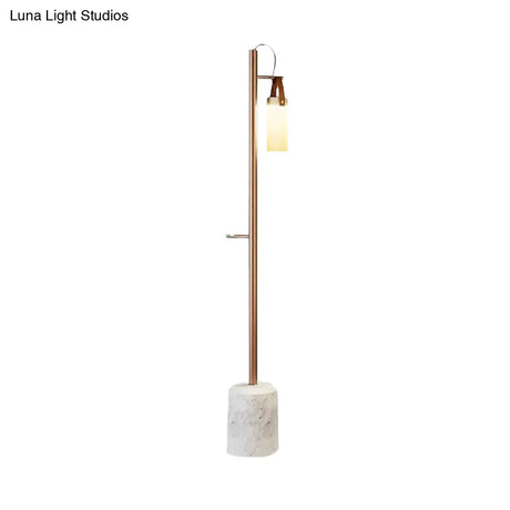 Modern Gold Tubular Floor Lamp With Opal Glass Shade & Leather Handle