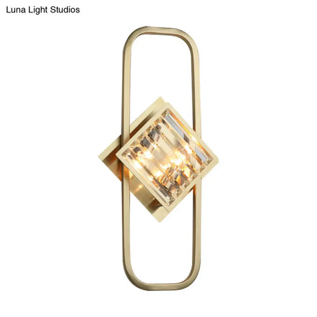 Modern Gold Wall Lamp With Clear Crystal Blocks - Square Lighting In A Rectangular Frame