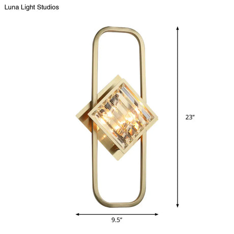 Modern Gold Wall Lamp With Clear Crystal Blocks - Square Lighting In A Rectangular Frame