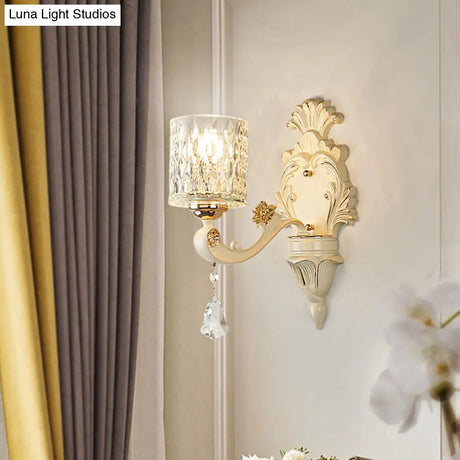 Modern Gold Wall Mount Cylinder Sconce Light With Clear Dimpled Glass Crystal Drop - 1/2 Heads