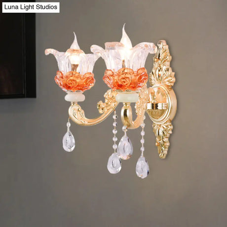 Modern Gold Wall Mount Lamp With Clear Crystal 1/2-Light Blossom Design For Staircase