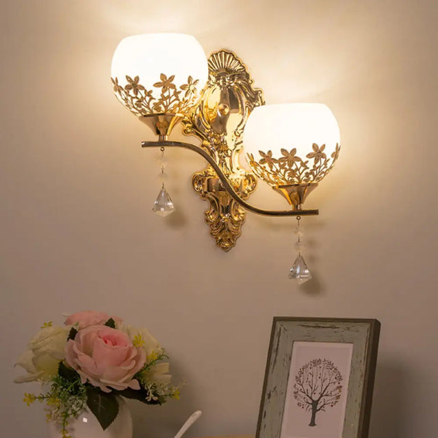 Modern Gold Wall Mounted Sconce Light Fixture With Crystal Shade - 2 Heads Bowl Design