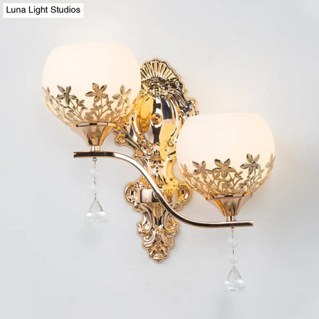 Modern Gold Wall Mounted Sconce Light Fixture With Crystal Shade - 2 Heads Bowl Design