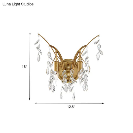 Modern Gold Wall Sconce With Crystal Drop - 2-Light Branch Mount
