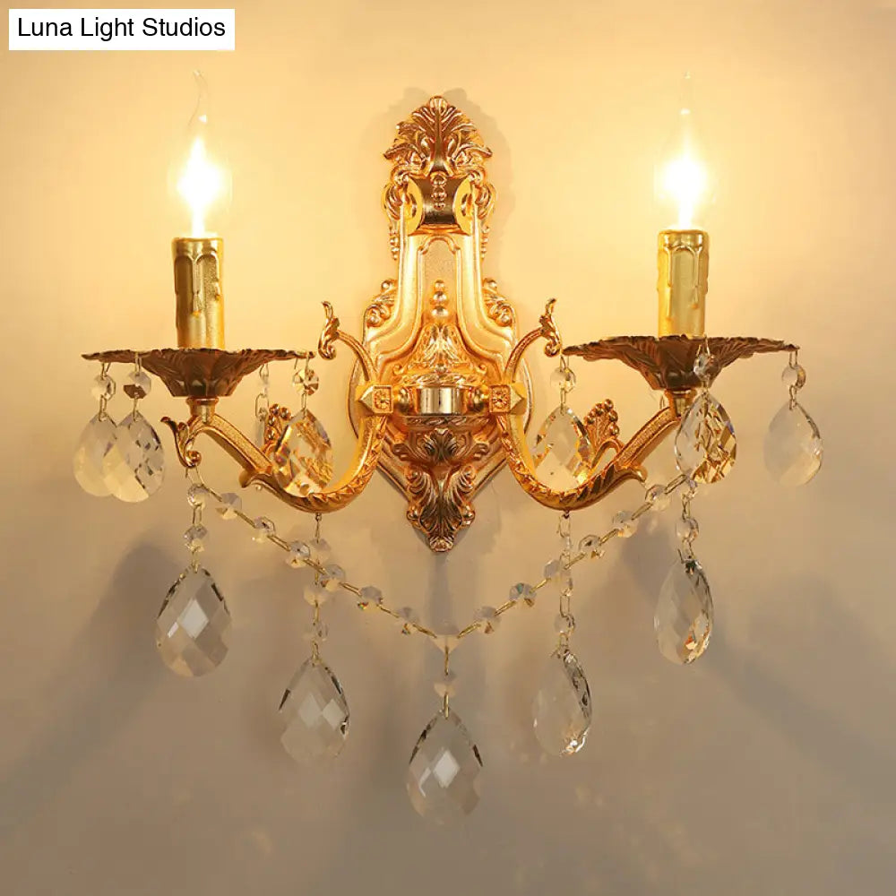 Modern Gold Wall Sconce With Crystal Drops - 1/2 Lights Metal Candelabra