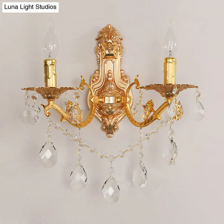 Modern Gold Wall Sconce With Crystal Drops - 1/2 Lights Metal Candelabra