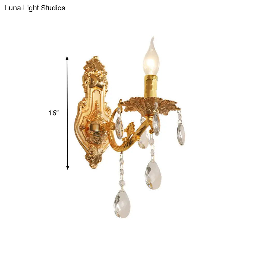 Modern Gold Wall Sconce With Crystal Drops - 1/2 Lights Metal Candelabra