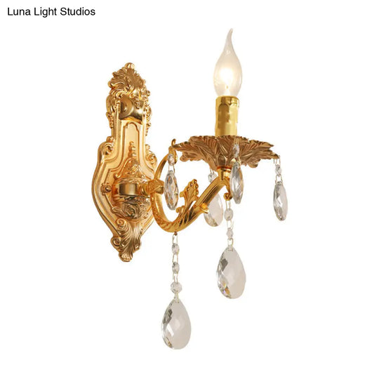 Modern Gold Wall Sconce With Crystal Drops - 1/2 Lights Metal Candelabra