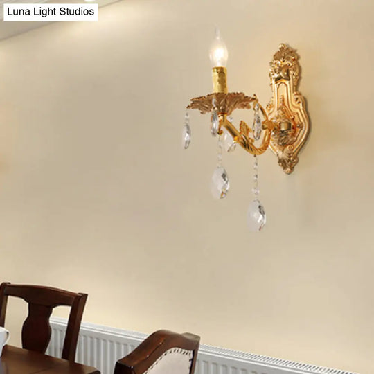 Modern Gold Wall Sconce With Crystal Drops - 1/2 Lights Metal Candelabra