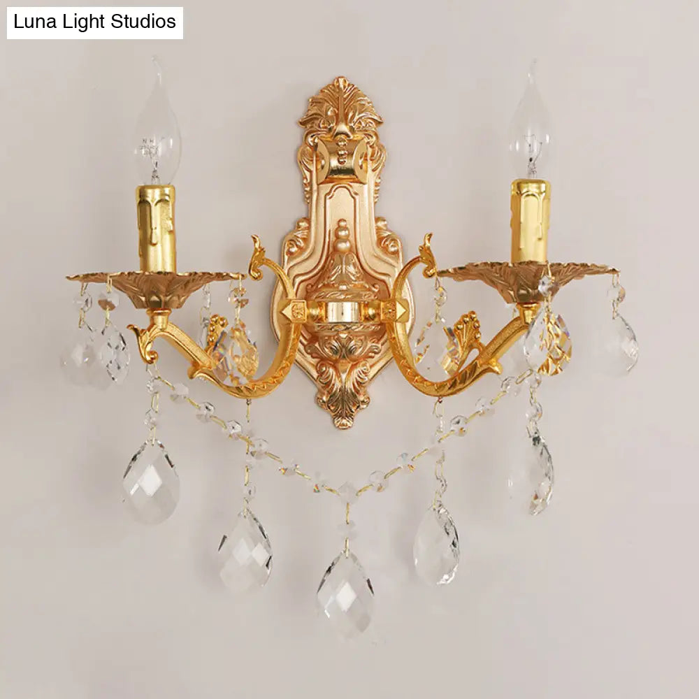 Modern Gold Wall Sconce With Crystal Drops - 1/2 Lights Metal Candelabra