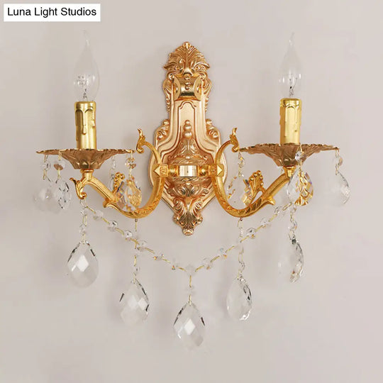 Modern Gold Wall Sconce With Crystal Drops - 1/2 Lights Metal Candelabra