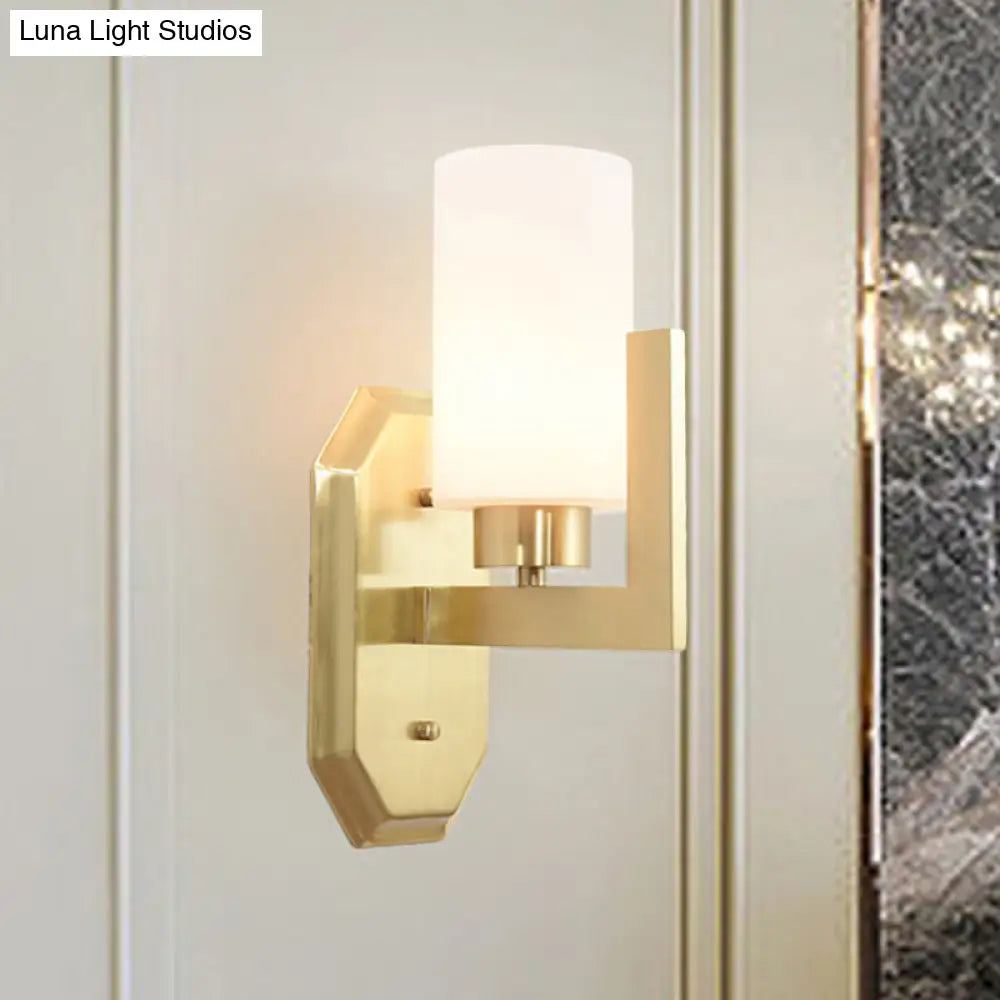 Modern Gold Wall Sconce With Tubular Milk Glass Shade For Living Room