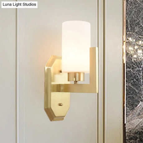 Modern Gold Wall Sconce With Tubular Milk Glass Shade For Living Room