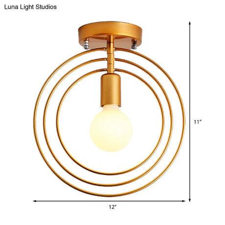Modern Golden Flush Mount Ceiling Light With Triple Metal Ring - Ideal For Bedroom