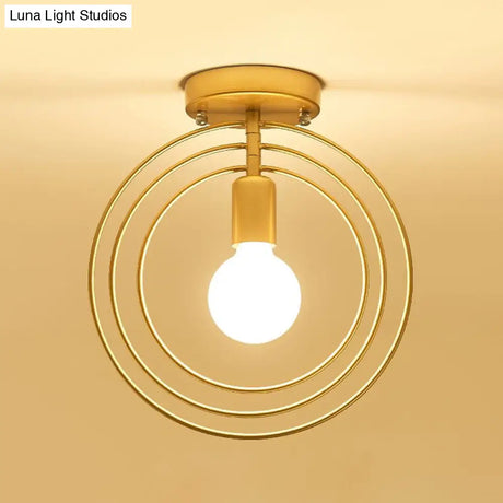 Modern Golden Flush Mount Ceiling Light With Triple Metal Ring - Ideal For Bedroom