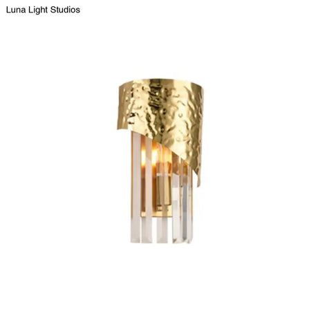 Modern Golden Metallic Wall Sconce With Crystal Block - Stylish Cylinder Light For Living Room