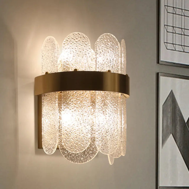 Modern Golden Wall Lamp With 4 Heads Oval Clear Hammered Glass Bedroom Lighting Sconce Gold