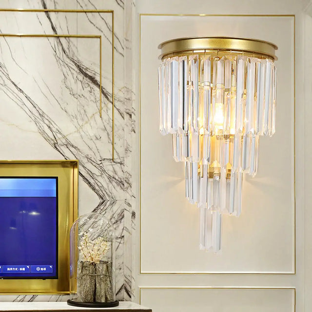 Modern Golden Wall Lamp With Clear Crystal Block - Bedside Lighting Fixture Gold
