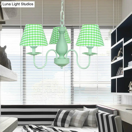 Modern Green Plaid Shade Chandelier - 3 Bulb Kids Hanging Light Bedroom Décor
