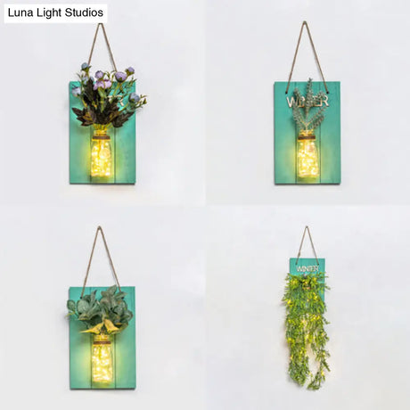Modern Green Wooden Backplate Wall Lamp With Clear Glass Jar And Plant Decor String Light