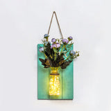 Modern Green Wooden Backplate Wall Lamp With Clear Glass Jar And Plant Decor String Light / Rose