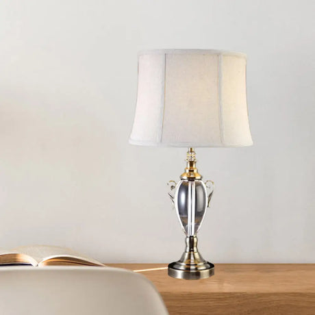 Modern Grey Barrel Shade Table Lamp For Living Room - Small Desk Light With Fabric & 1 Bulb