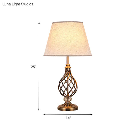 Modern Grey Fabric Conical Table Light With Laser Cut Gold Metallic Base - Desk Lamp