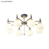 Modern Grey Pendant Chandelier With Milk Glass Shades - 8 Bulb Living Room Lighting Fixture