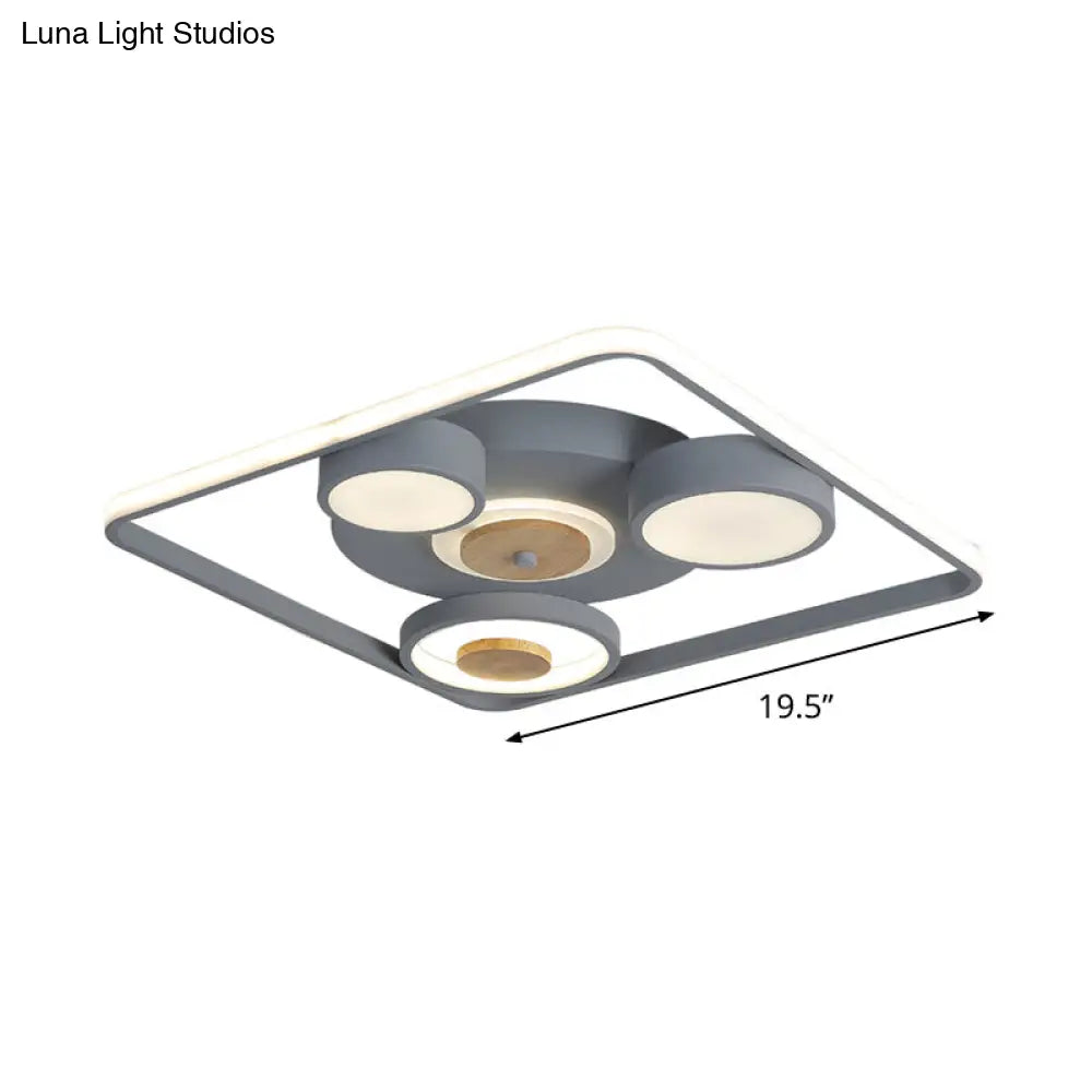 Modern Grey Square Led Ceiling Light With Nordic Iron Finish And Wood Accent