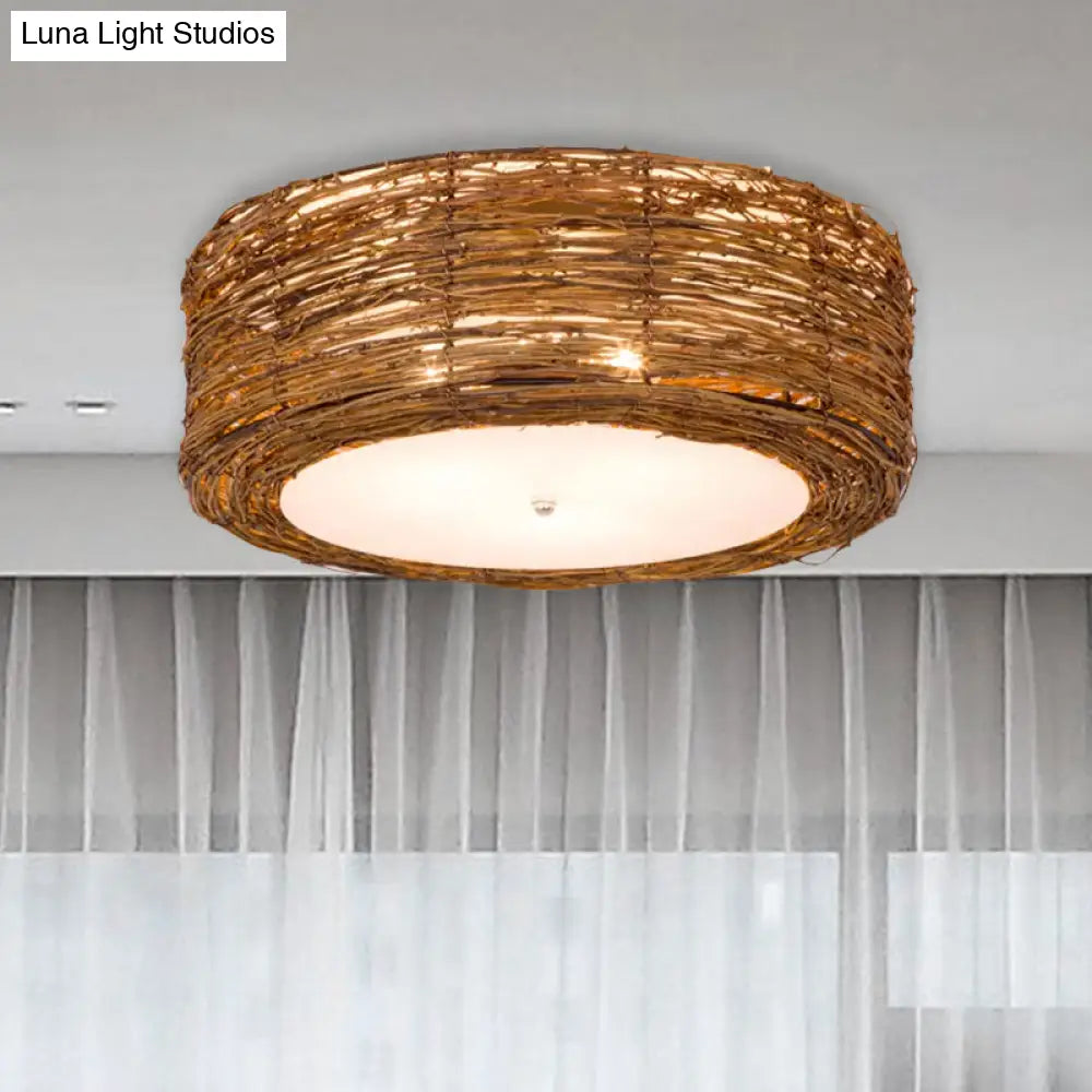 Modern Hand-Woven Flush Mount Rattan Lamp With 3 Lights - Brown 16/19.5 W