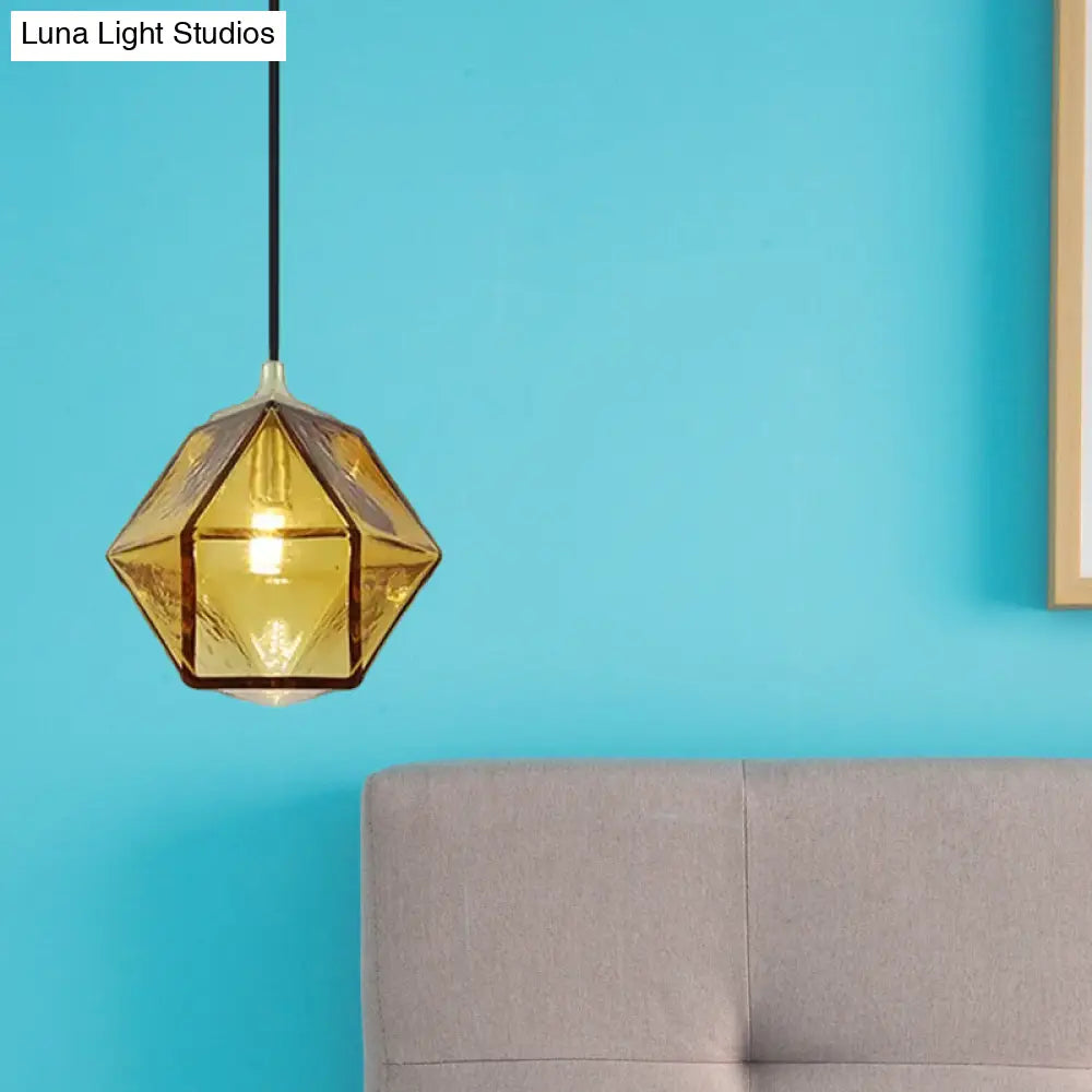 Modern Hexagon Ceiling Lamp In Cognac Glass - Hanging Pendant Light For Dining Room