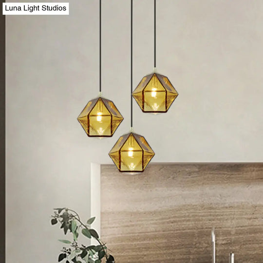 Modern Hexagon Ceiling Lamp In Cognac Glass - Hanging Pendant Light For Dining Room