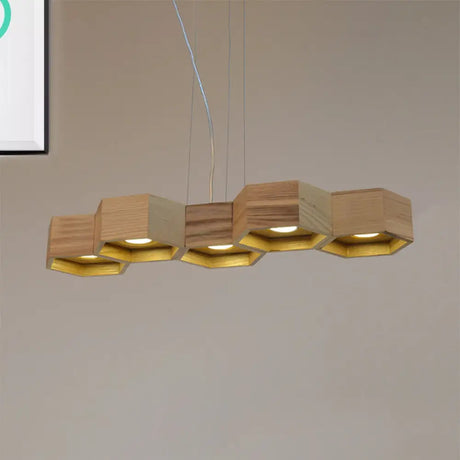 Modern Hexagonal Wooden Ceiling Light Fixture For Living Room - 5/7-Light Island Lighting 5 / Wood