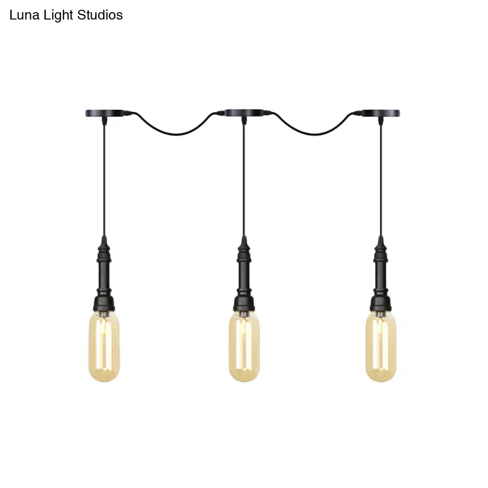 Modern Industrial Amber Glass Chandelier With Led Lights - Black Finish Tandem Hanging Ceiling Lamp