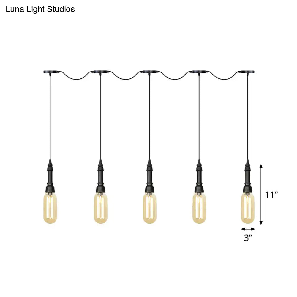 Industrial Black Finish Tandem Led Chandelier With 3/5/7 Lights And Amber Glass Capsules